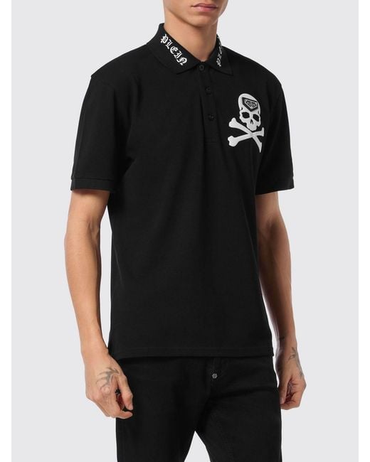 Philipp Plein Black Cotton Polo Shirt With Skull Print And Hexagon Logo for men