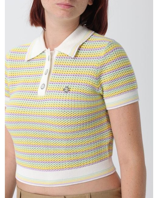 Casablanca Natural Striped Cropped Cotton Knit Polo Shirt