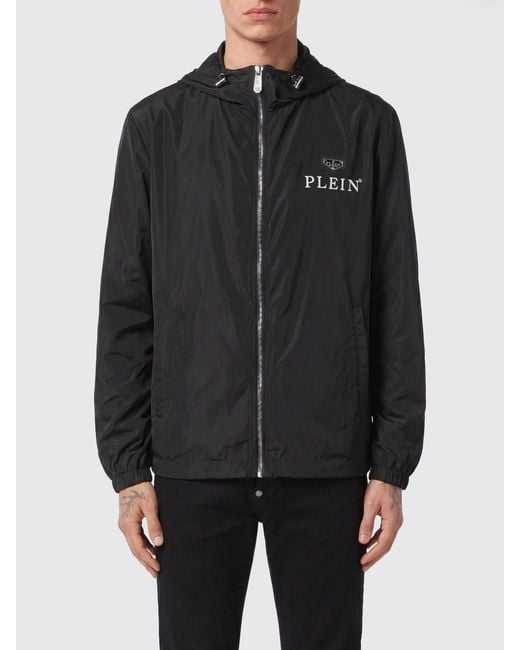 Philipp Plein Black Technical Fabric Hooded Windbreaker Jacket With Logo Print for men