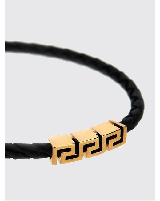 Versace Black Greca Braided Leather And Brass Bracelet for men