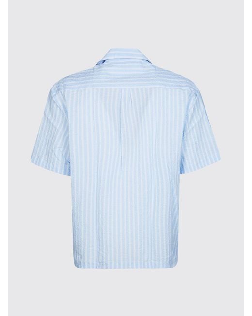 Altea Blue Striped Cotton Bowling Shirt With Cuban Collar And Short Sleeves for men