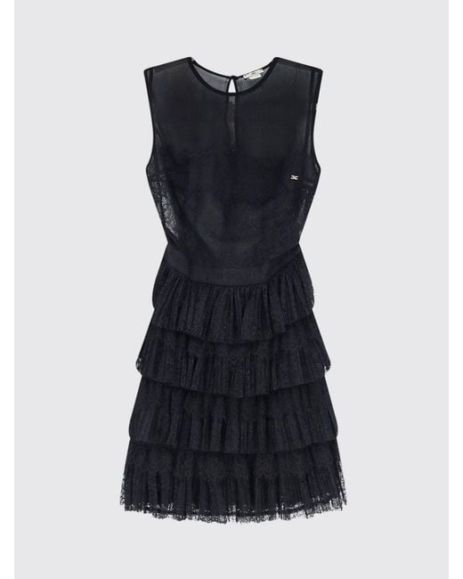 Elisabetta Franchi Black A-Line Off-The-Shoulder Lace And Tulle Mini Dress With Ruffles