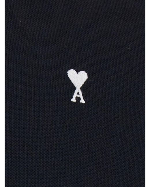 AMI Black Cotton Short-Sleeved Polo Shirt With Embroidered Logo for men
