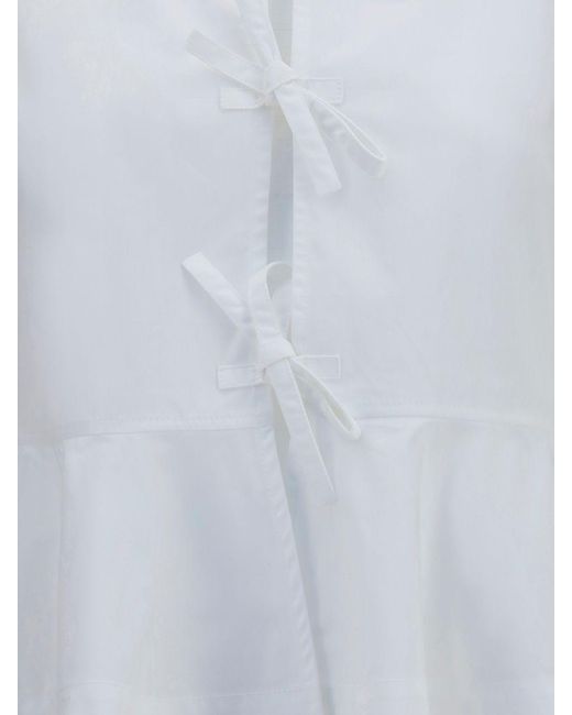 Ganni White Cropped Cotton Jacket With Ruched Shoulders And Tie Fastening
