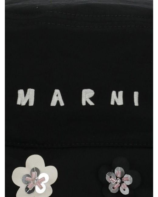 Marni Black Nylon Hat With Applied Flowers