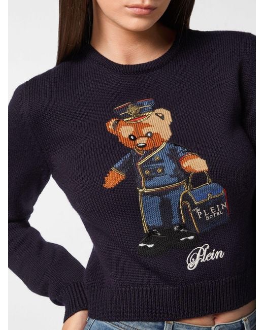 Philipp Plein Blue Slim Fit Cotton Crewneck Jumper With Jacquard Teddy Bear Print