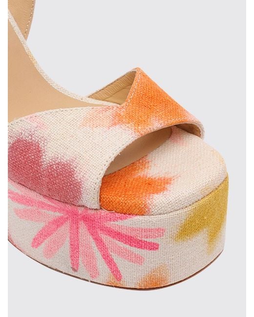 Castaner Pink Floral Print Linen Platform Sandals With High Block Heel And Ankle Strap