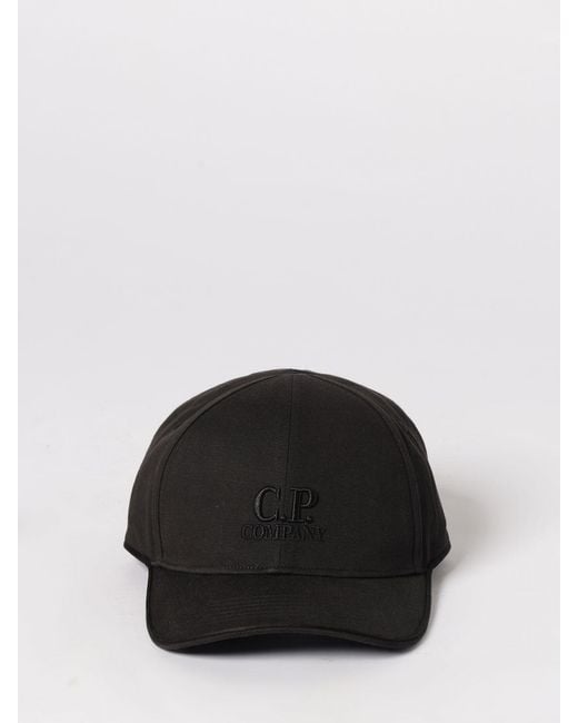 C P Company Black Cotton Hat With Embroidered Logo for men