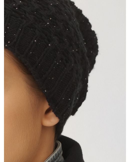 Fabiana Filippi Black Open-Knit Wool Blend Hat With Micro Sequins