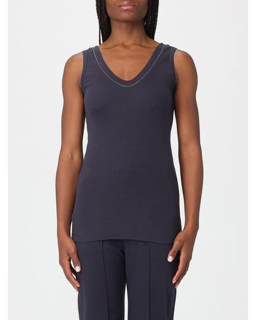 Brunello Cucinelli Blue Stretch Cotton Tank Top With Monile