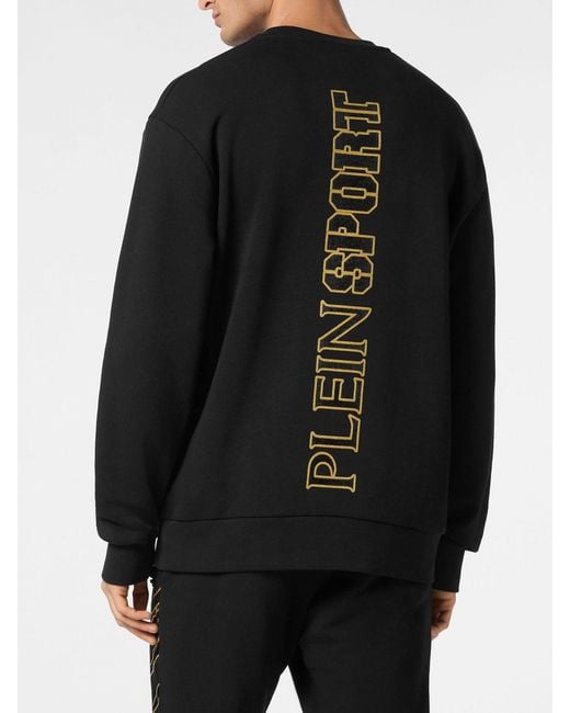 Philipp Plein Black Contrast Logo Cotton Crewneck Sweatshirt With Dropped Shoulders for men