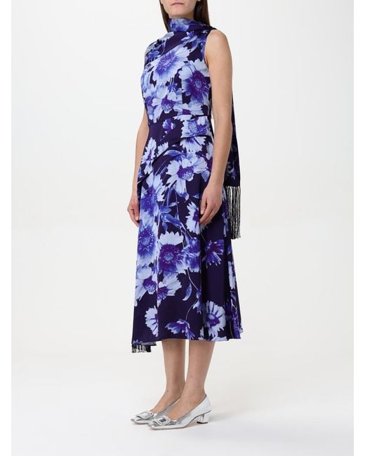 Erdem Blue Floral Print Midi Dress Asymmetrical Hem