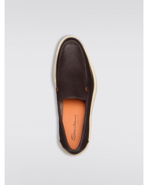 Santoni Brown Grain Leather Loafers for men