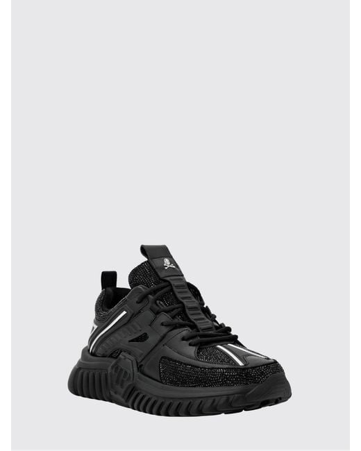 Philipp Plein Black Leather Low-Top Sneakers With Rhinestones And Hexagon Logo for men