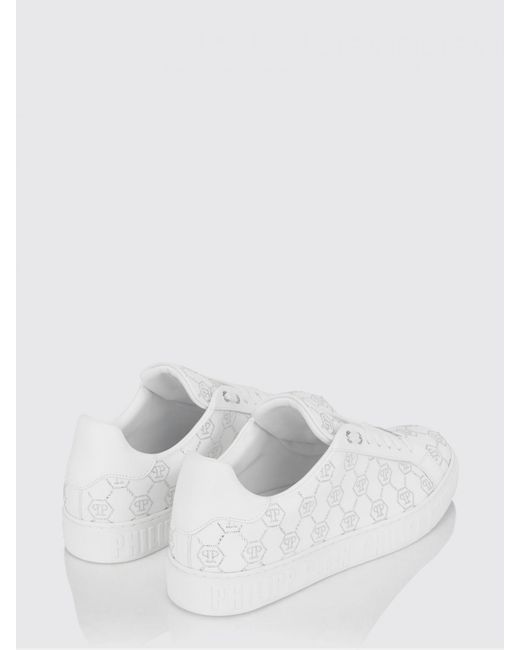 Philipp Plein White Carson Leather Sneakers With Rhinestone Hexagon for men