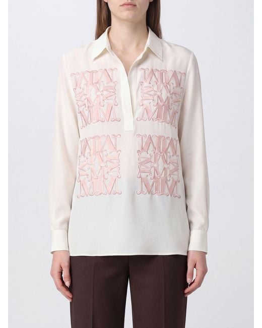 Max Mara White Monogram Print Silk Shirt With Classic Collar