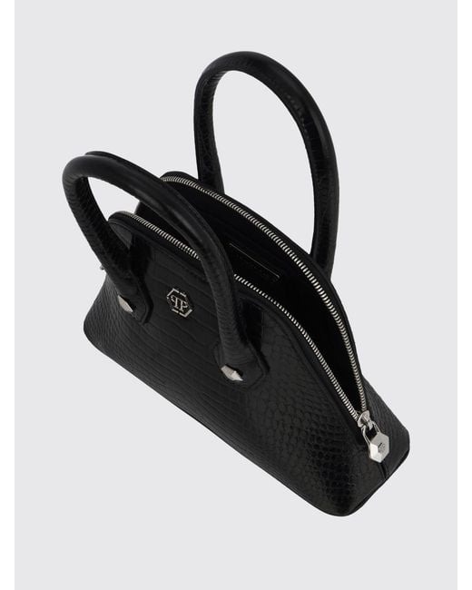 Philipp Plein Black Crocodile-Print Calfskin Leather Handbag With Hexagon Logo