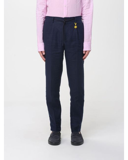 Manuel Ritz Blue Linen Slim Fit Trousers With Drawstring for men