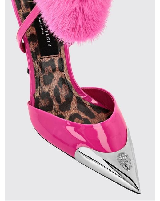 Philipp Plein Pink Patent Leather Slingback Pumps With Skull And Stiletto Heel