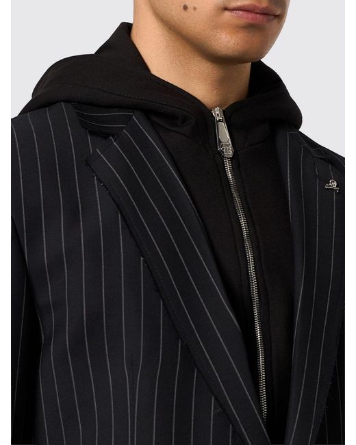 Philipp Plein Black Slim Fit Pinstripe Single-Breasted Blazer With A Hood for men