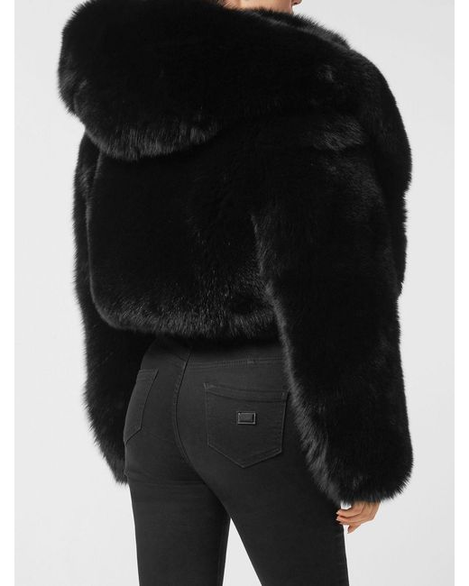 Philipp Plein Black Cropped Fox Fur Jacket With Crystals