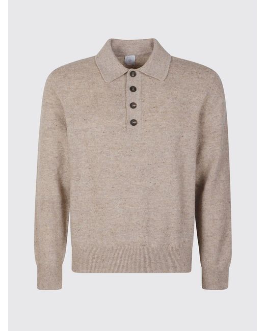 Eleventy Natural Long-Sleeved Knitted Wool Polo Shirt With Ribbed Collar for men