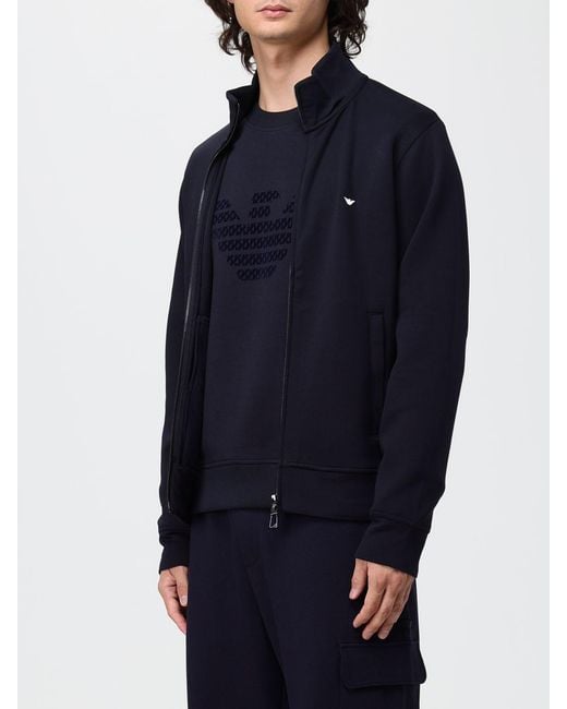 Emporio Armani Blue High Neck Cotton Blend Zip-Up Sweatshirt With Eagle Logo for men