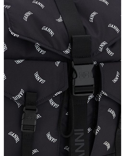 Ganni Black Re-Tech Recycled Nylon Backpack With All-Over Logo