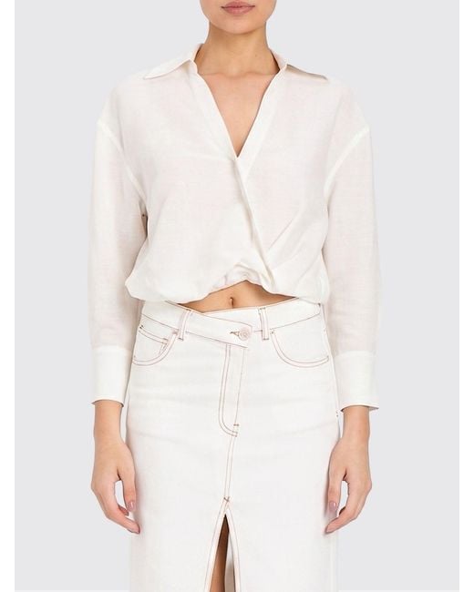Twinset White Cropped Linen-Blend Shirt With Elasticated Hem