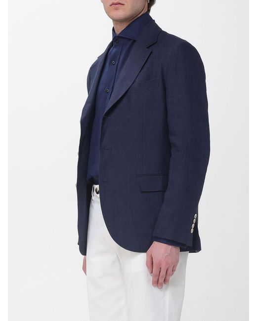 Brunello Cucinelli Blue Single Breasted Linen Blazer for men