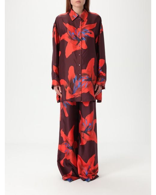 McQueen Red Silk Lily Print Wideleg Pant Set