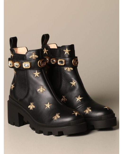 Gucci Embroidered Leather Ankle Boot With Belt in Black Lyst