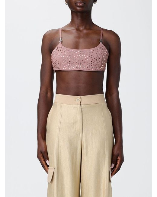 Patrizia Pepe Natural Cropped Crêpe Bralette Top With Rhinestones And Square Neck