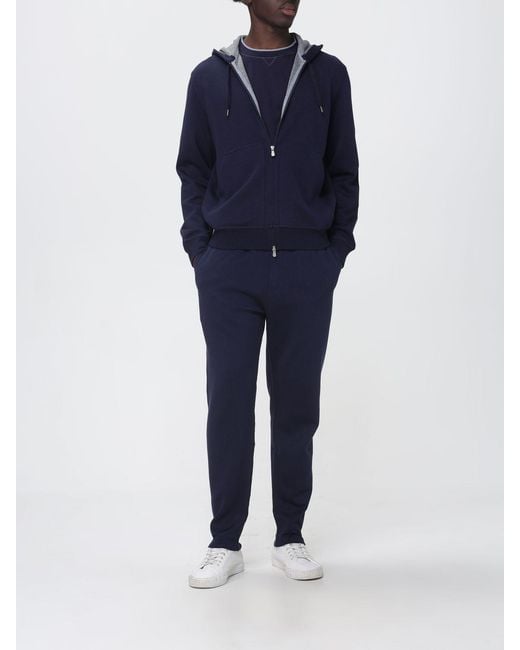 Brunello Cucinelli Blue Full-Zip Cotton Hoodie With Drawstring for men