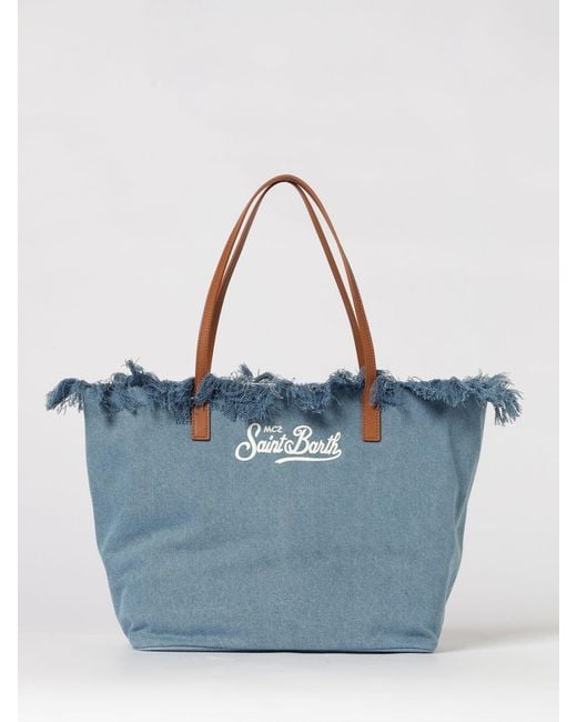 Mc2 Saint Barth Blue Cotton Blend Shoulder Bag With Logo