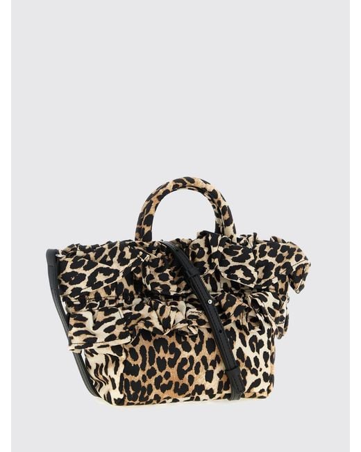 Ganni Brown Animal Print Canvas Bag With Ruffles
