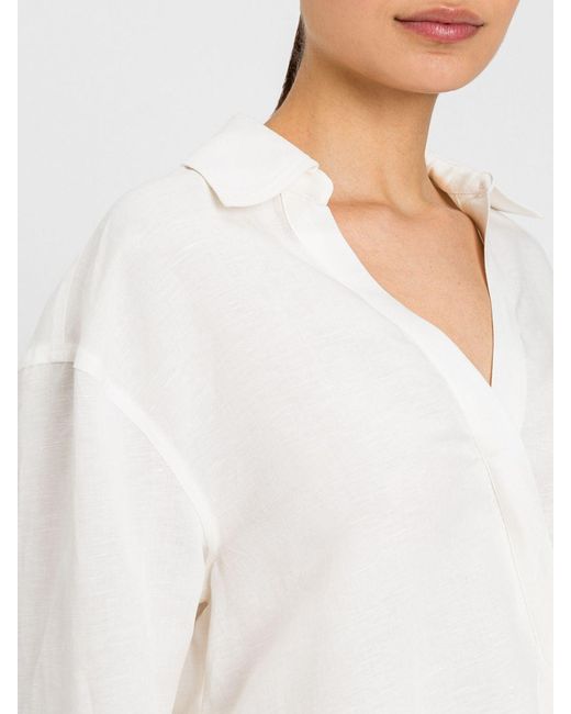 Twinset White Cropped Linen-Blend Shirt With Elasticated Hem