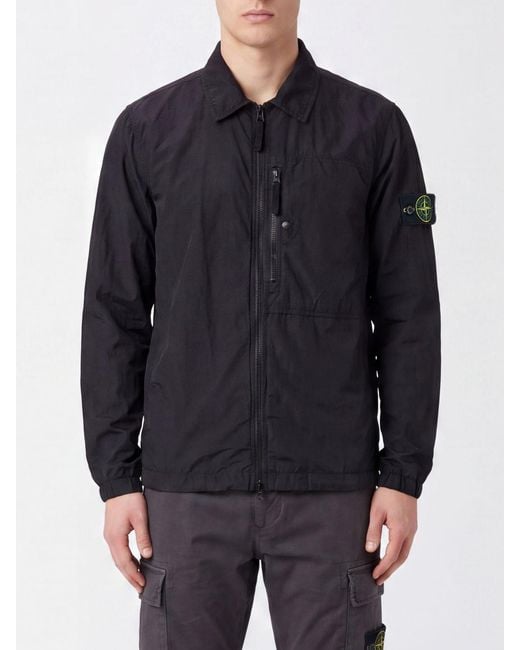 Stone Island Blue Econyl Recycled Nylon Shirt Jacket With Zip And Logo for men