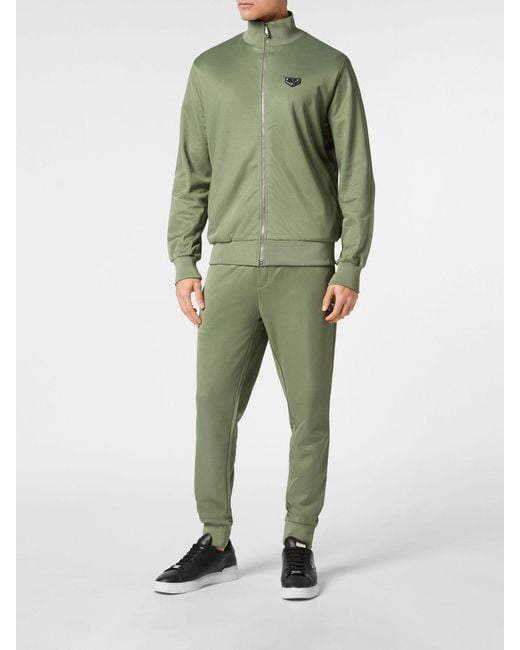 Philipp Plein Green Cotton-Blend High Neck Zip Sweatshirt With Applied Logo for men