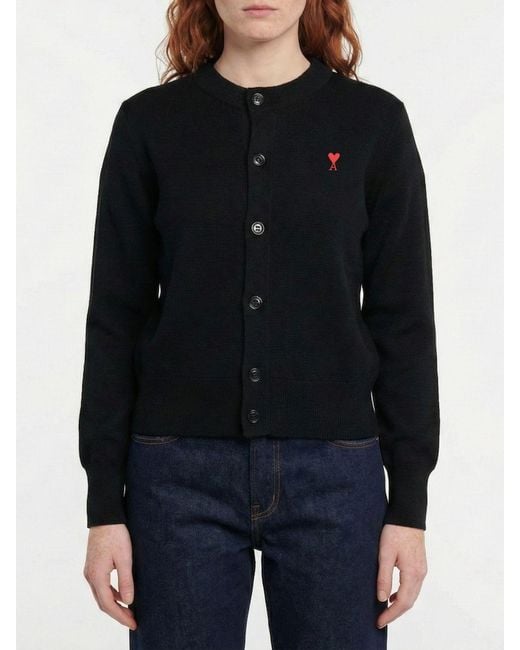AMI Black Merino Wool Cardigan With Logo