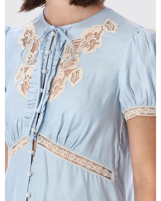 Self-Portrait Blue Slim Fit Lace Blouse With Short Puff Sleeves