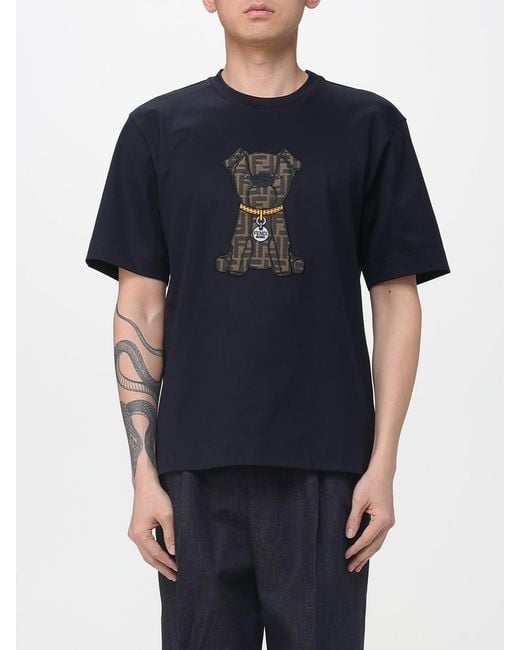 Fendi Blue Cotton T-Shirt With Ff Puppy for men