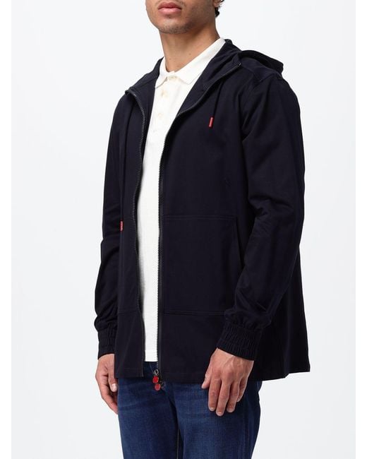 Kiton Blue Cotton Zip-Up Hoodie With Enameled Logo for men