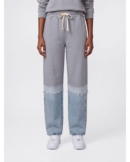 Haikure Blue Cotton Denim Jogging Trousers With Abstract Bicolour Pattern
