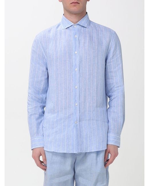 Brunello Cucinelli Blue Striped Linen Casual Shirt for men