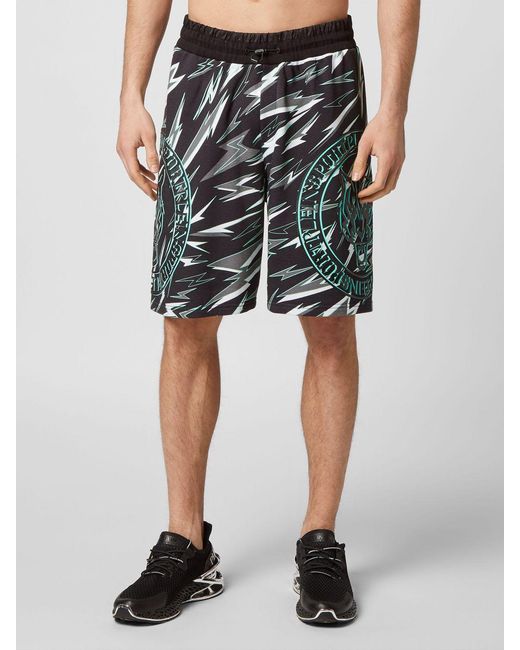Philipp Plein Black Jersey Sports Shorts With Graphic Print And Drawstring Waist for men