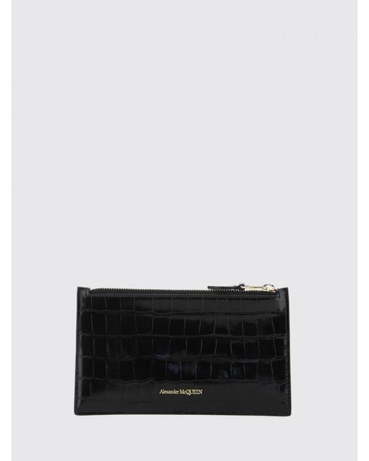 McQueen Black Skull Crocodile Print Leather Card Holder