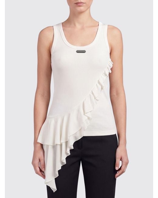 McQueen White Asymmetric Cotton Top With Ruffles
