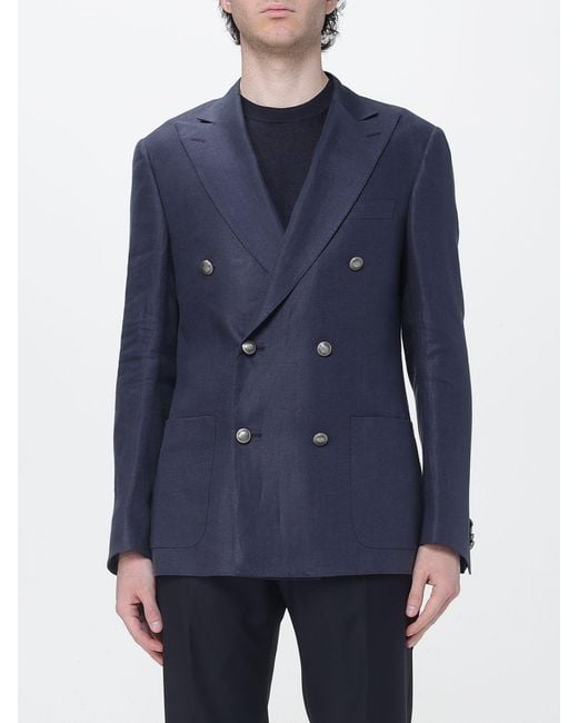 Corneliani Blue Double-Breasted Linen Blazer for men