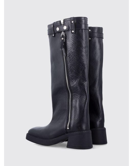 Miista Blue Knee-High Leather Biker Boots With Side Zip